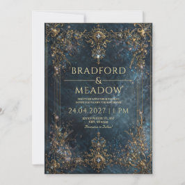 Invitación Boda Nocturna Celestial de Estrellas con Oro y Azu