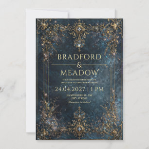 Invitación Boda Nocturna Celestial de Estrellas con Oro y Azu