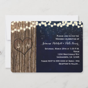 Invitación Boda Nocturna Corazón Tallado en Árbol Rústico 