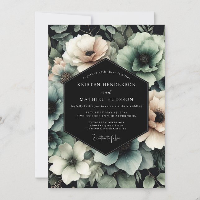 Invitación Boda Nocturna de Carbón y Salvia (Anverso)