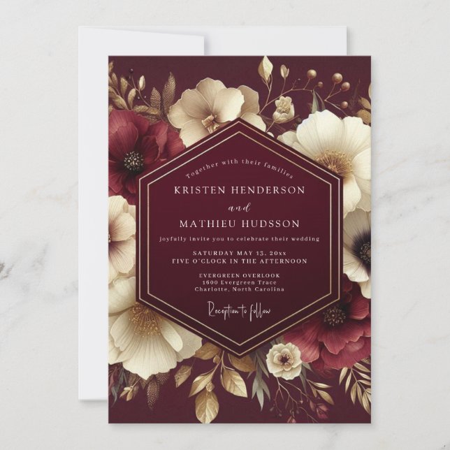 Invitación Boda Nocturna de Marfil y Borgoña (Anverso)