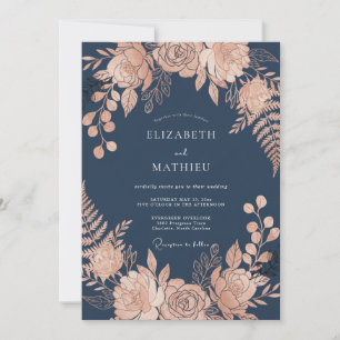Invitación Boda Nocturna de Rosa Glamurosa Azul Marino