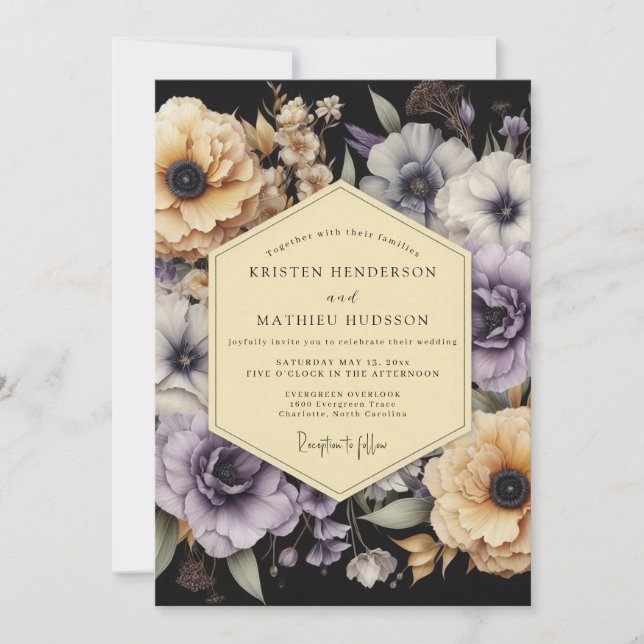 Invitación Boda Nocturna Dorada de Lavanda (Anverso)