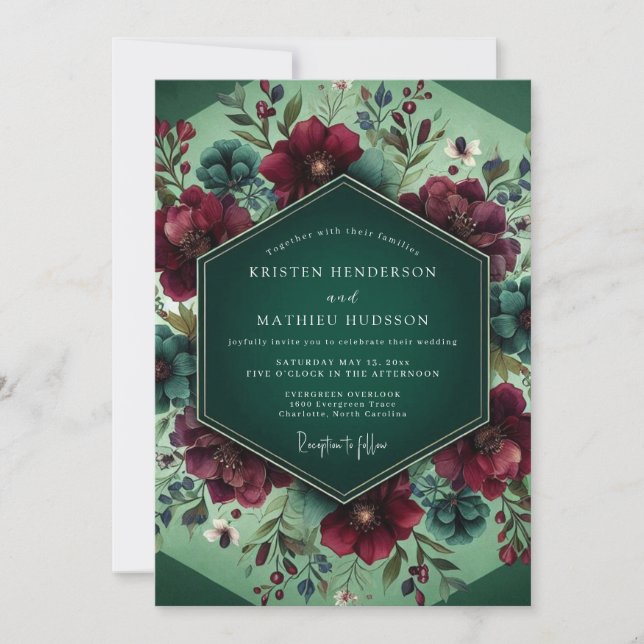Invitación Boda Nocturna Esmeralda Carmesí (Anverso)