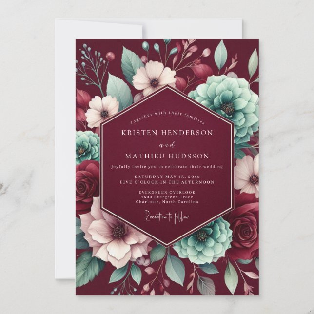 Invitación Boda Nocturna Floral Borgoña (Anverso)