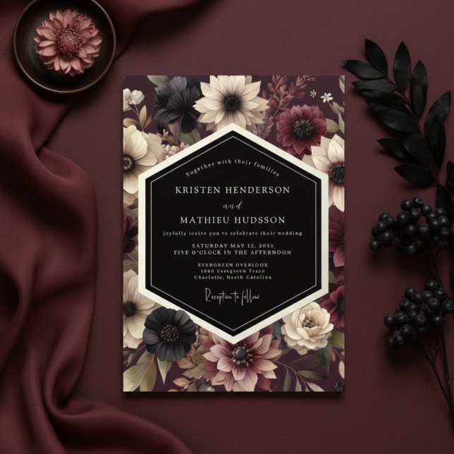 Invitación Boda Nocturna Floral Borgoña (Subido por el creador)