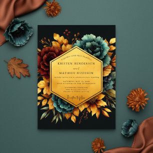 Invitación Boda Nocturna Floral Burgundy Turquesa