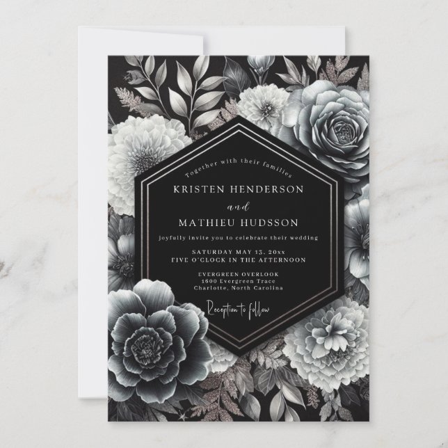 Invitación Boda Nocturna Floral con Carbón (Anverso)