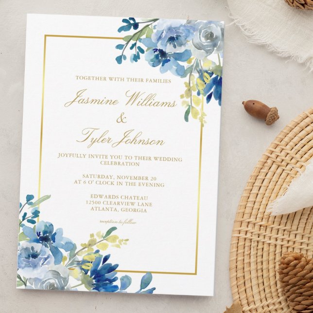Invitación Boda Nocturna Floral Elegante de Oro Azul Invernal (Subido por el creador)