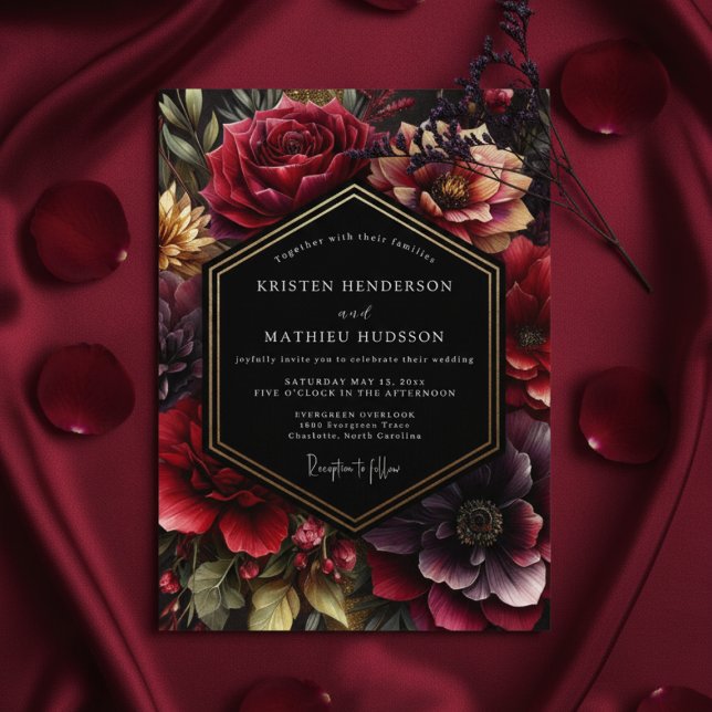 Invitación Boda Nocturna Floral Opulenta Borgoña (Subido por el creador)