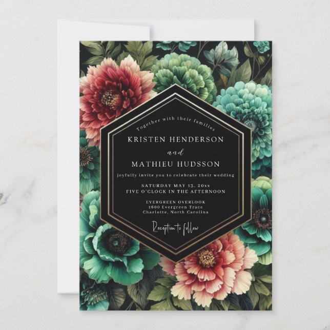 Invitación Boda Nocturna Floral Turquesa (Anverso)