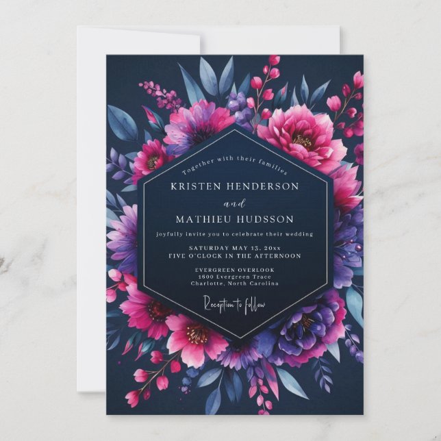Invitación Boda Nocturna Índigo Fucsia (Anverso)
