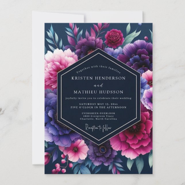 Invitación Boda Nocturna Índigo Fucsia (Anverso)