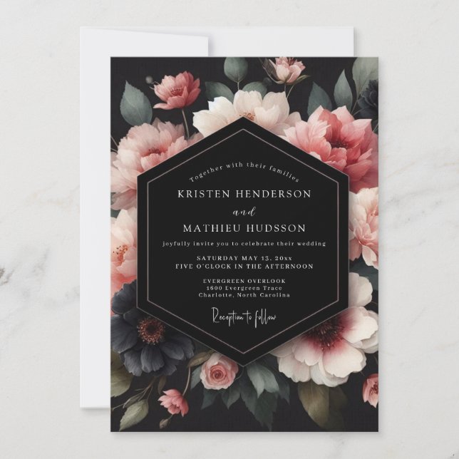 Invitación Boda Nocturna Pétalo Rubor de Carbón (Anverso)
