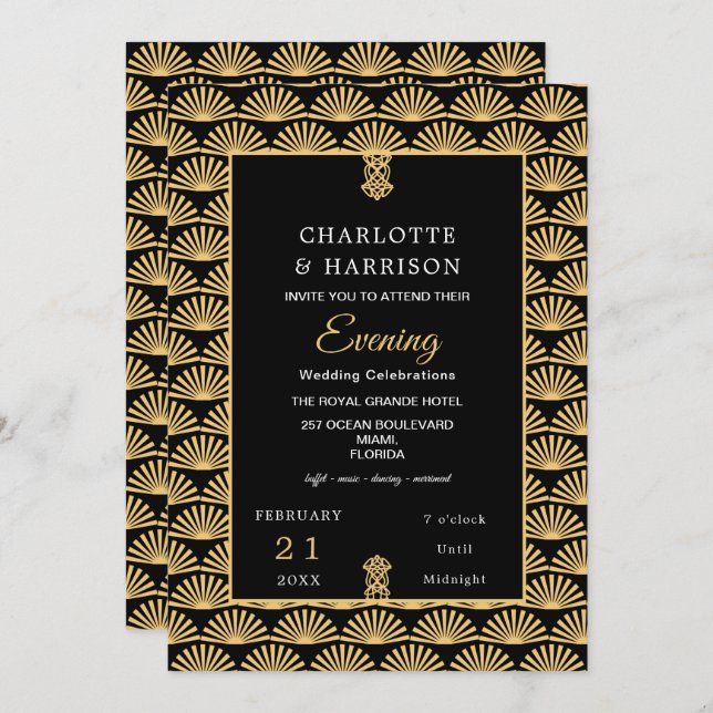 Invitación Boda nocturno Art Deco con clase Black Gold (Anverso / Reverso)