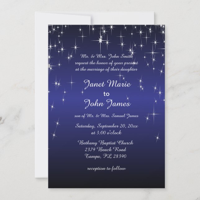 Invitación Boda nocturno estrellado en azul oscuro (Anverso)