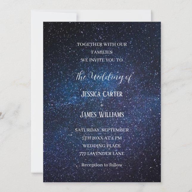 Invitación Boda Nocturno Galaxy Marina Blue Sky Starry (Anverso)