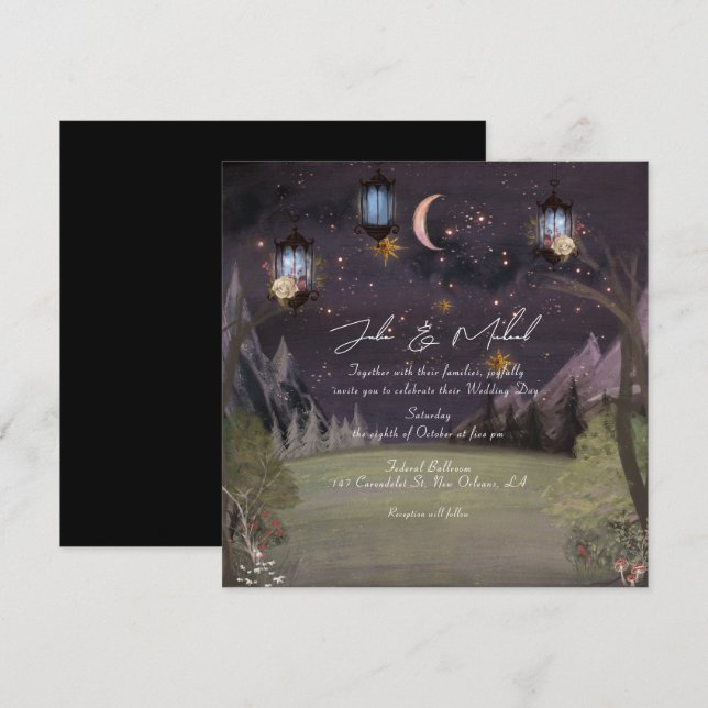 Invitación Boda Nocturno Místico Mágico Moderno de Woodland (Anverso / Reverso)
