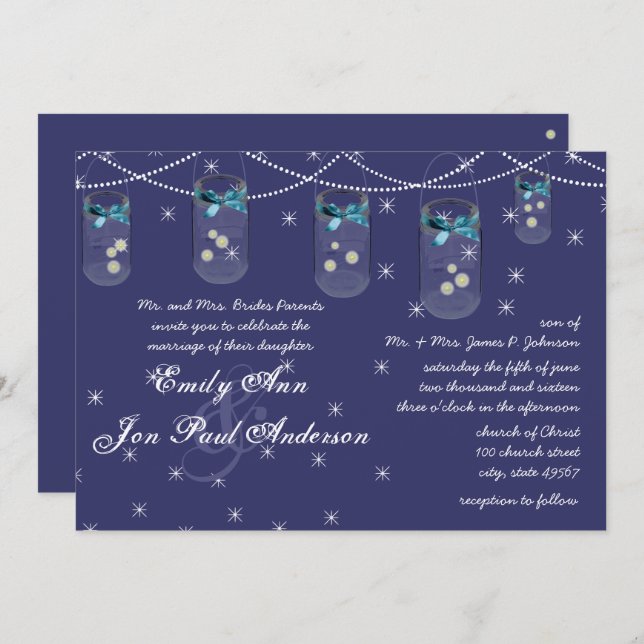 Invitación Boda Nocturno Navy Aqua Flor Amarilla Mason Jar (Anverso / Reverso)