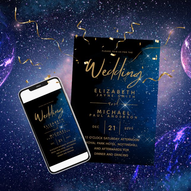 Invitación Boda nocturno Starry Navy Gold Galaxy Celestial (Subido por el creador)