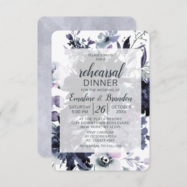 Invitación Boda Nocturonal de la Marina Floral Ensayo Cena (Anverso / Reverso)