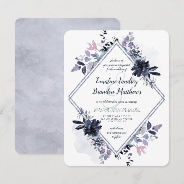 Invitación Boda Nocturonal Floral Dusty Blue Diamond (Anverso / Reverso)
