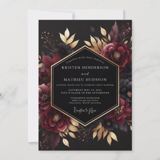 Invitación Boda Noir Dorado Borgoña (Anverso)