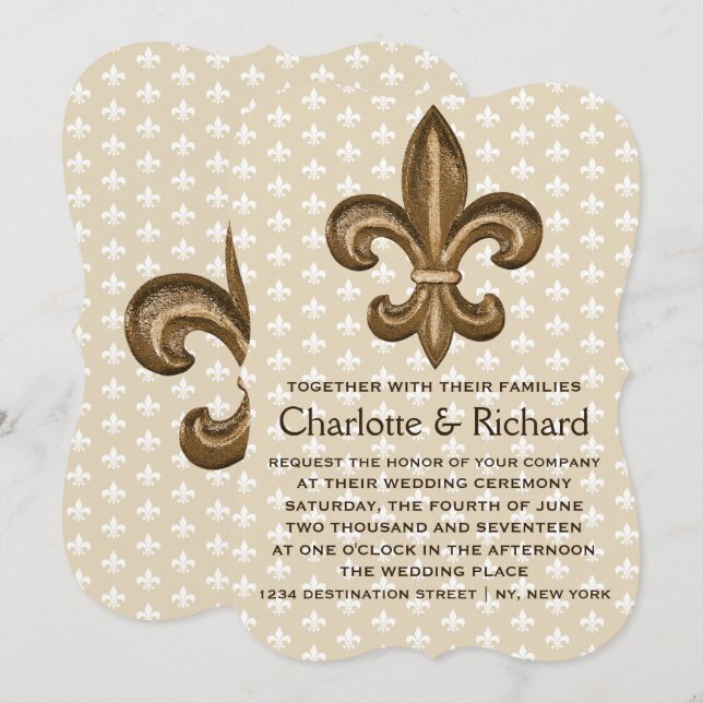 Invitación Boda Nola Gold y White French Fleur De Lis (Anverso / Reverso)