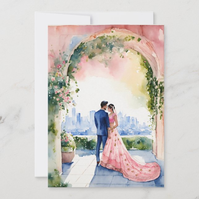 Invitación boda, novia, novio, lehenga rosa, jardín (Anverso)