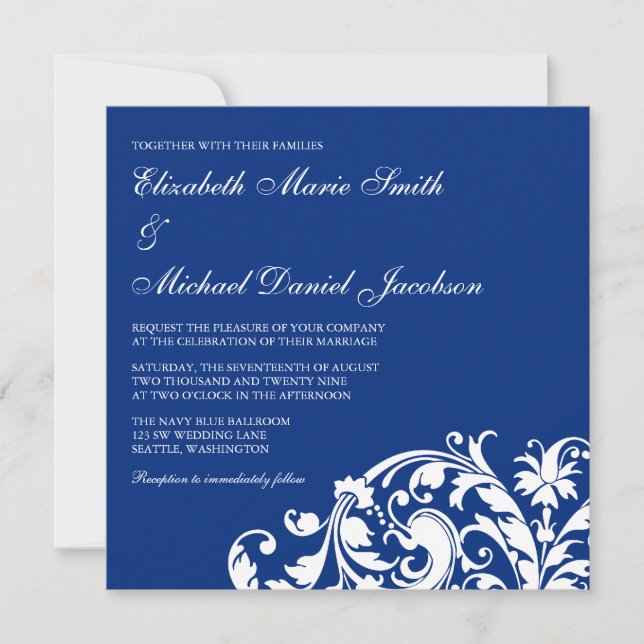 Invitación Boda nudista azul y blanco floreciente (Anverso)