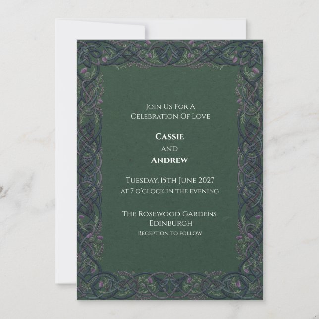 Invitación Boda Nudo Celta Verde Oscuro Cardo (Anverso)