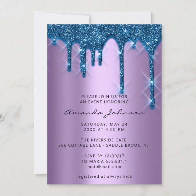 Invitación Boda nupcial Cumpleaños 16° Blue Purple 3D Drips (Anverso)