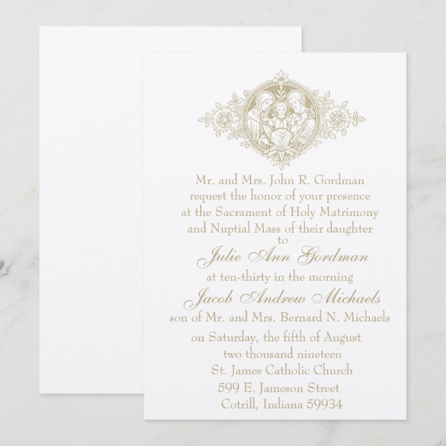Invitación Boda Nupcial de la Santa Familia del Oro Católico (Anverso / Reverso)