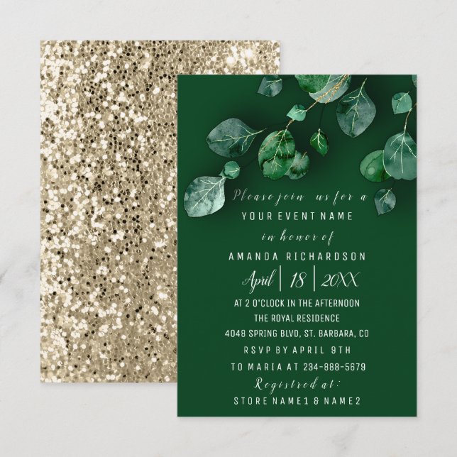 Invitación Boda nupcial Eucalyptus Greenery Gold Purpurina (Anverso / Reverso)