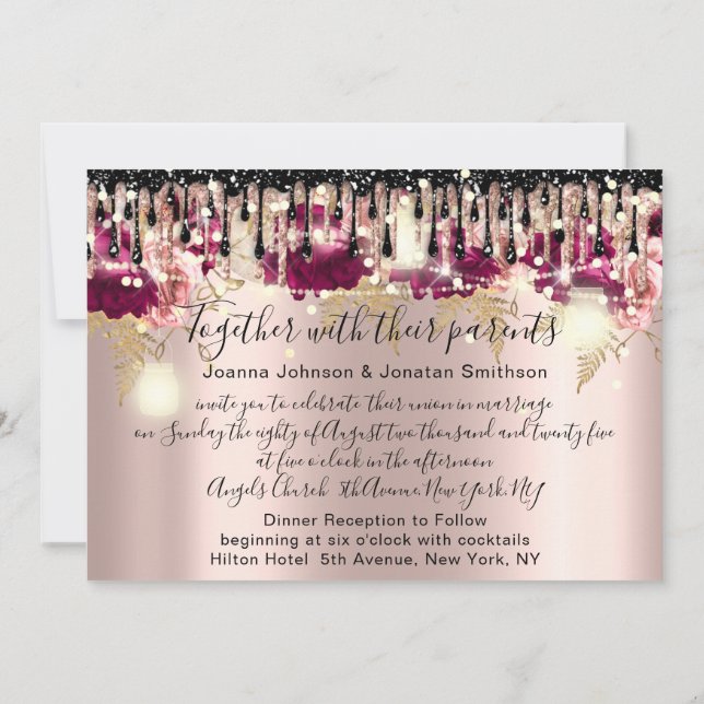 Invitación Boda nupcial Rosa Drip Luces de Rosa rosadas de Ma (Reverso)