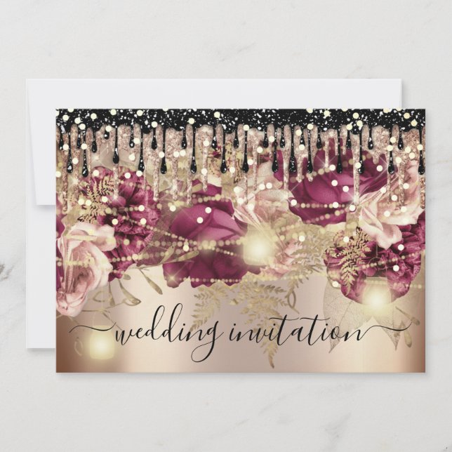 Invitación Boda nupcial Rosa Drip Rosa Marsala ilumina oro (Anverso)