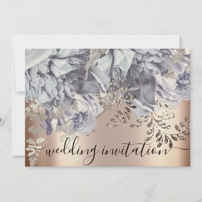 Invitación Boda nupcial Rosa Flores de Plata Azul (Anverso)