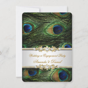 Invitación Boda o Compromiso Azul Verde Dorado Pavo Real