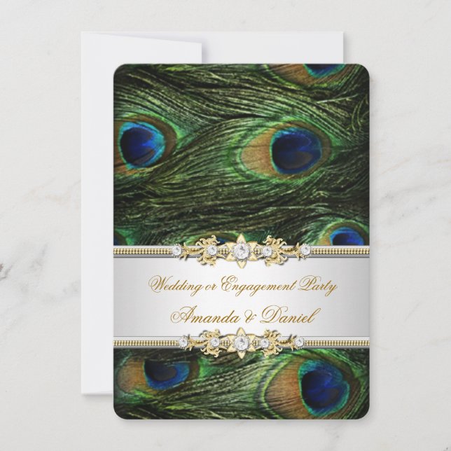 Invitación Boda o Compromiso Azul Verde Oro Pavón (Anverso)