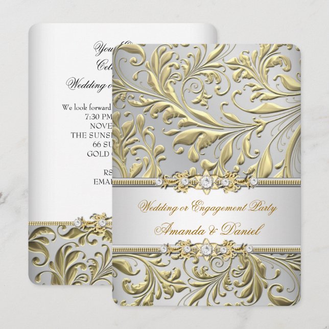 Invitación Boda o compromiso de Swirls Floral Gold Silver (Anverso / Reverso)