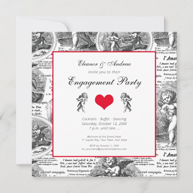 Invitación Boda o compromiso Vintage Cupid French Toile (Anverso)