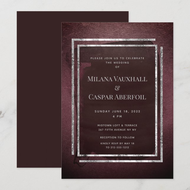 Invitación Boda O Fiesta De Marco De Borgoña Y Plata Tostada (Anverso / Reverso)