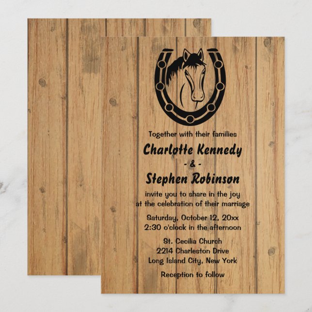 Invitación Boda Occidental Caballo Marrón Madera Herradura (Anverso / Reverso)
