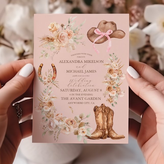 Invitación Boda occidental con flores de boho rosa (Subido por el creador)