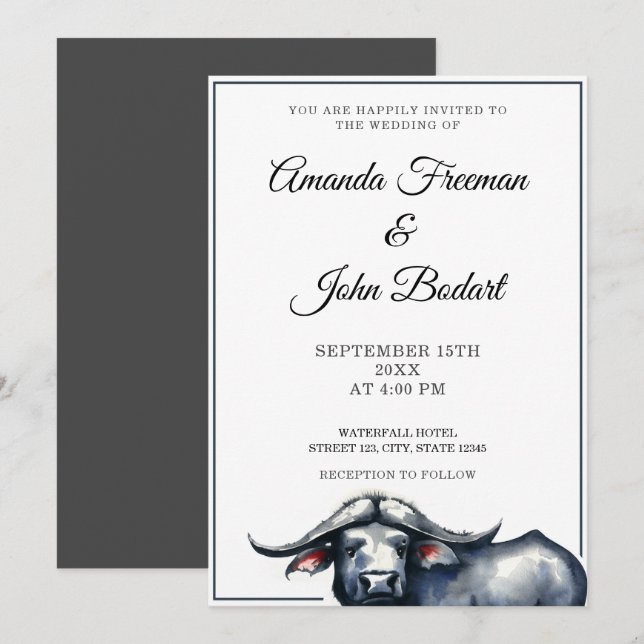 Invitación Boda occidental de búfalo negro y gris acuarela (Anverso / Reverso)