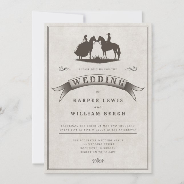 Invitación Boda occidental de caballos de época (Anverso)