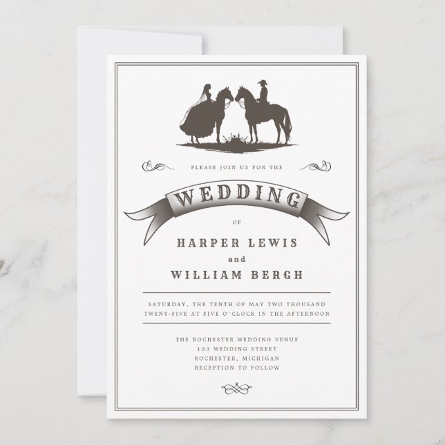 Invitación Boda occidental de caballos de época (Anverso)