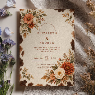 Invitación Boda Occidental de Cuero con Floral de Otoño