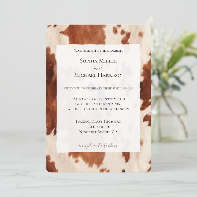 Invitación Boda Occidental de Cuero de Vaca Marrón Crema del  (Anverso de pie)