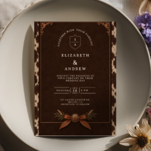 Invitación Boda Occidental de Cuero Marrón con Cobre